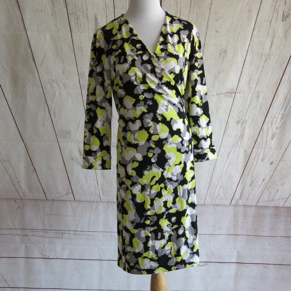 Lord & Taylor Multi Color Print 3/4 Sleeve Surplice V Neck Wrap Dress Size Small